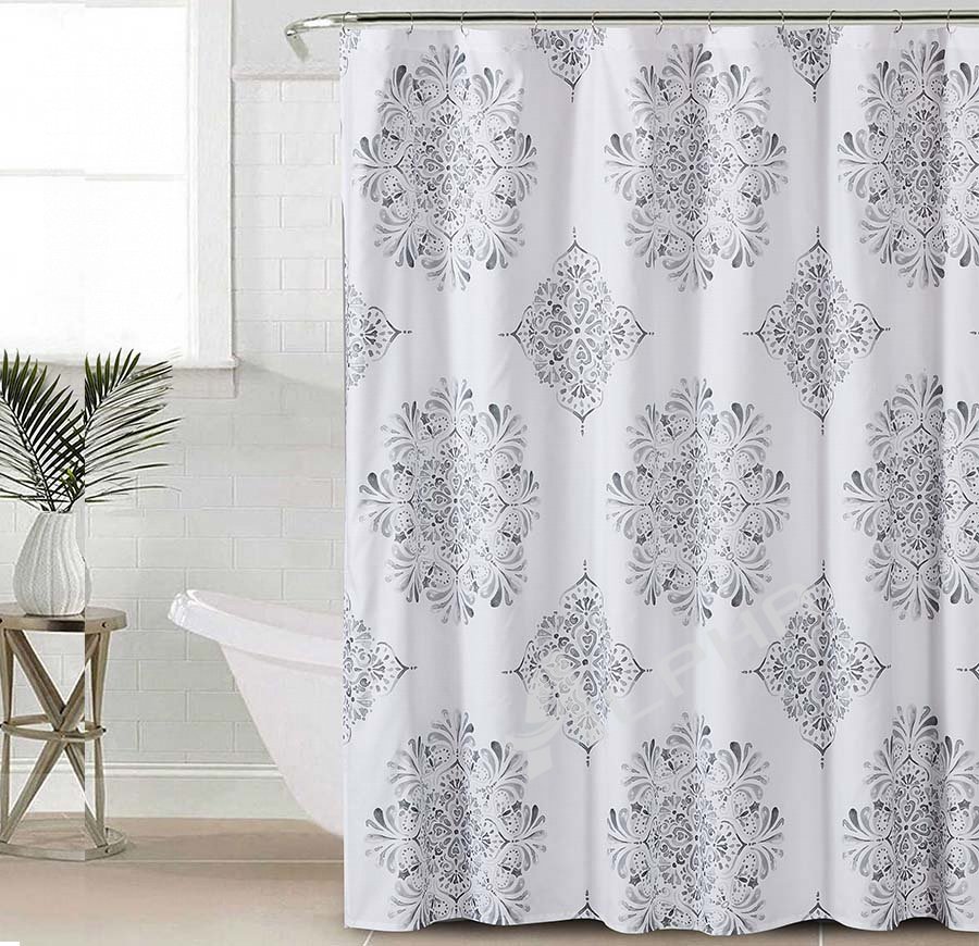 Luxurious Grey & White Damask Medallion Fabric Shower Curtain