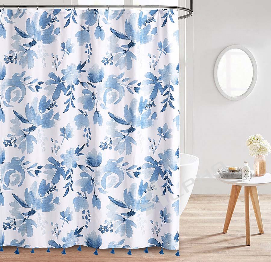 Blue Leaf Shower Curtain Set - Watercolor Botanical Design, 71 x 71 Inches
