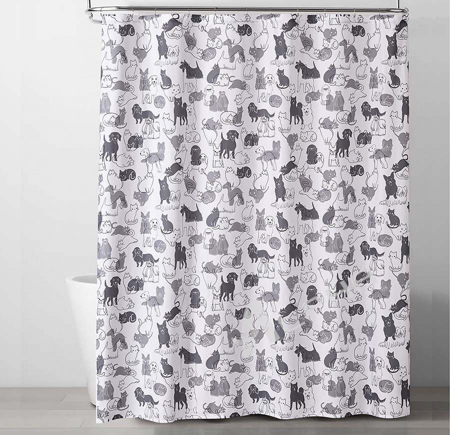 Cat and Dog Gray White Grommet Shower Curtain