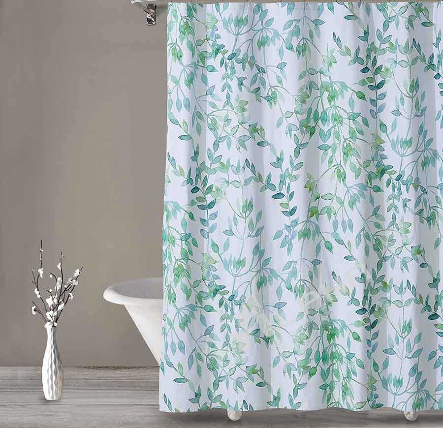 Jungle Green Leaf Cotton Shower Curtain, Grommet Design
