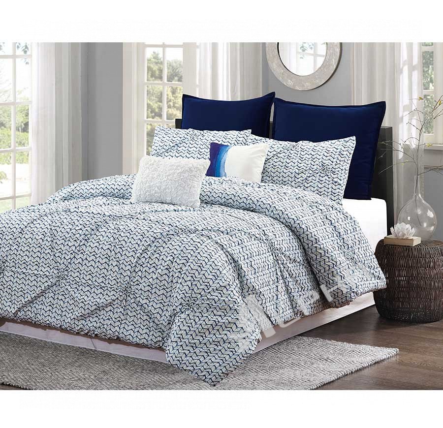 Blue Batik 7pc Cotton Comforter Set - Chic Pintuck Design - Machine Washable