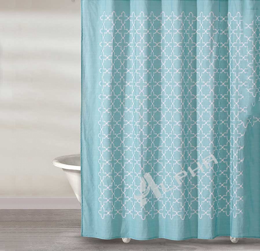 Alpha Textile Teal Shower Curtain - Silver Geometric Print, Elegant & Washable Fabric, Grommet Design, 72x72 Inches