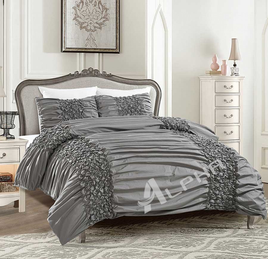 Colette Gray Duvet Set: Machine Washable - 1 Duvet + 2 Shams (Cotton)